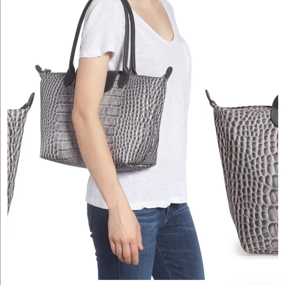 Longchamp Gray Croc-Embossed Leather Tote with Black Handles